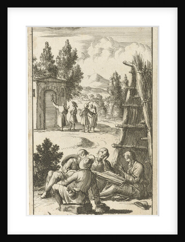 In front of a straw hut a man reads to three pilgrims by Johannes Boekholt