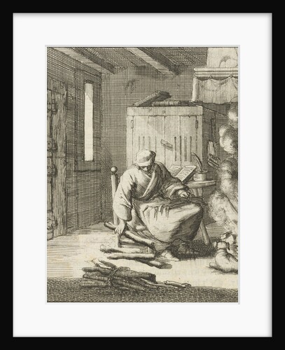 Writer William Shutter sitting on a low chair by the fire and picks up a few pieces of firewood by Gerbrandt Schagen