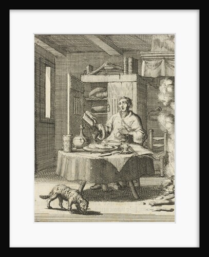 The writer William Shutter sits at a table and sings after meals from a Psalter by Gerbrandt Schagen