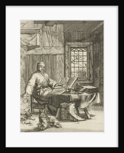 The writer Willem Sluiter sits at a table with folios and warms his hands by the fire by Gerbrandt Schagen