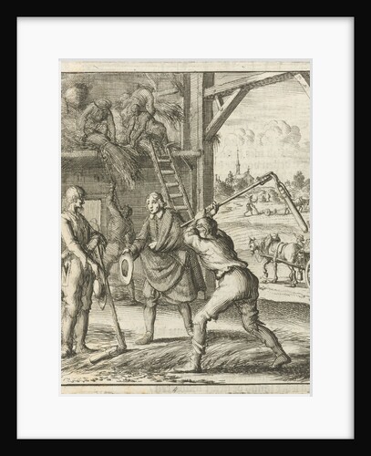 The writer William Shutter visits two farmers in a threshing barn by Gerbrandt Schagen