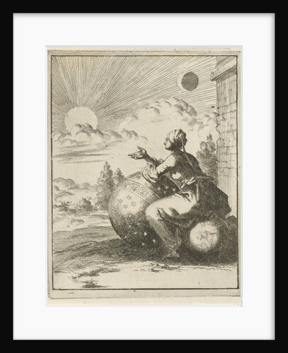 Female looking, sitting on a globe and leaning on a celestial globe, the setting sun by Jan Luyken