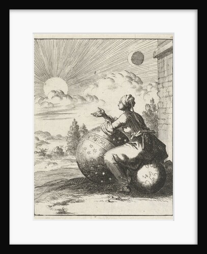 Female looking at the setting sun while sitting on a globe and leaning on a celestial globe, the setting sun by Pieter Arentsz II
