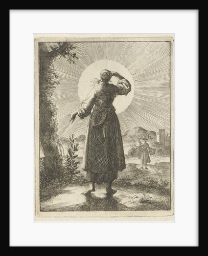 Woman holds her hand before her eyes while looking at the sun by Pieter Arentsz II