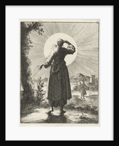 Woman holds her hand before her eyes while looking at the sun by Pieter Arentsz II