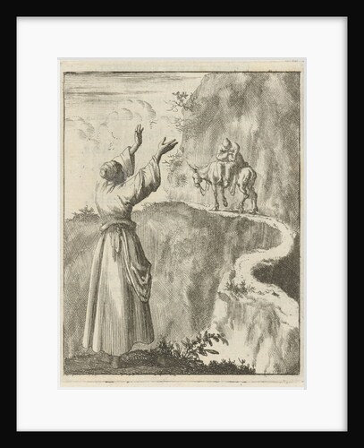 Woman looks startled at a sleeping man who bestrides a narrow mountain on a donkey by Pieter Arentsz II