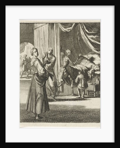 Woman pointing at Death, a figure on deathbed by Pieter Arentsz II