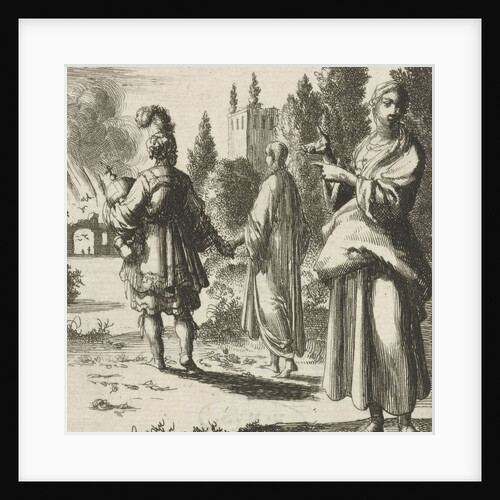 Woman pointing to the Soul and the Flesh walking hand in hand by Pieter Arentsz II