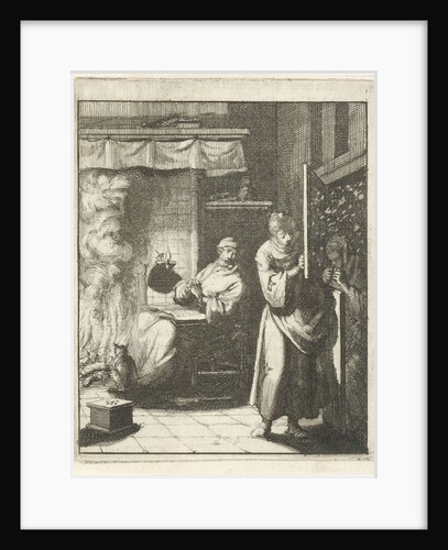 Woman opens the door for a figure who stands outside in a snowstorm by Jan Luyken