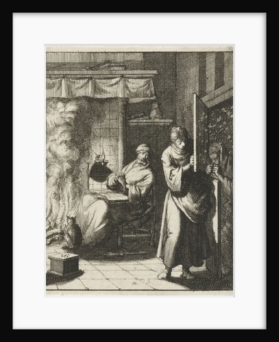 Woman opens the door for a figure who stands outside in a snowstorm by Jan Luyken