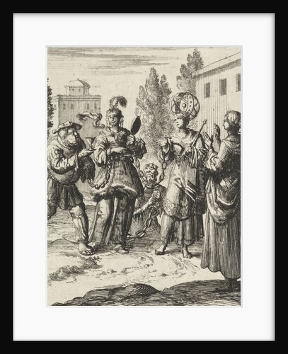 Female beholds a richly dressed lady who is chained to the World, Lust and the Devil by Pieter Arentsz II