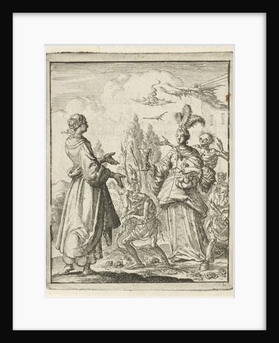 Woman pointing to richly dressed woman who is led on a string by Sin and is surrounded by death and Satan by Pieter Arentsz II