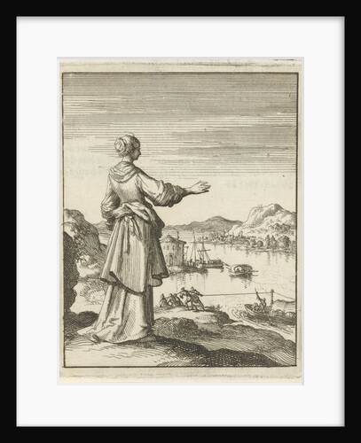 Woman overlooking a bay where a boat is pulled by a group of men by Pieter Arentsz II
