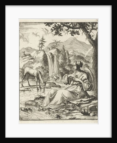 On the banks of a stream a woman sees a deer drinking by Pieter Arentsz II