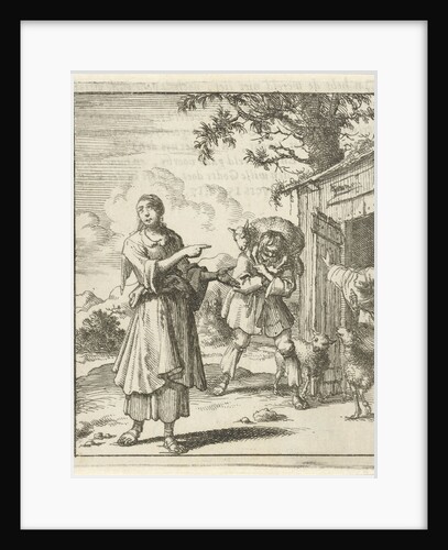 Woman pointing to a found sheep brought back to the stable on the shoulders of a man by Pieter Arentsz II