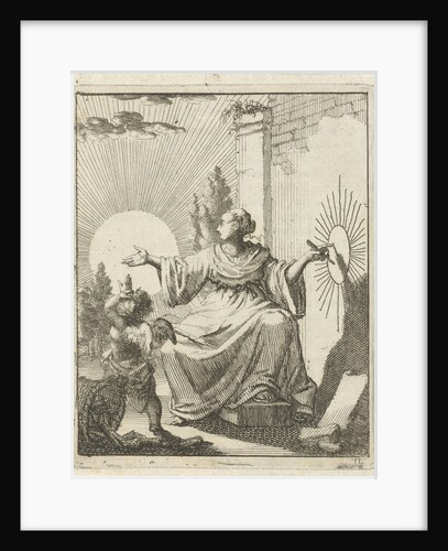 Female compares the sun with a drawing of the sun next to her on a wall by Pieter Arentsz II