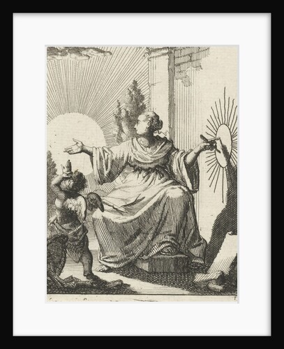Female compares the sun with a drawing of the sun next to her on a wall by Pieter Arentsz II