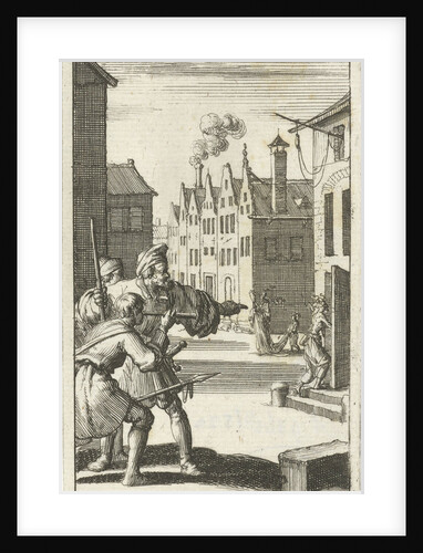 Three men see Sin enter a house by Abraham Boekholt