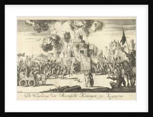 Roman soldiers around a bonfire where an eagle rises from the flames by Jan Luyken