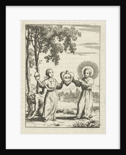 Christ and the personified soul together holding a heart with the text Iesus by Pieter Arentsz II