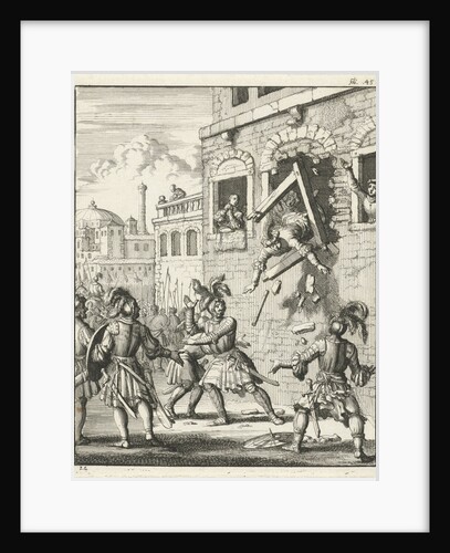 Henry II, Count of Champagne, plummeting through a broken window frame by Timotheus ten Hoorn