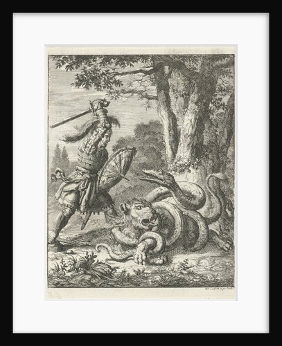 Godfrey of Bouillon free a lion from the stranglehold of a snake by Jan Luyken