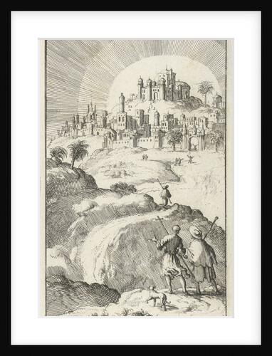 Pilgrims climb to an upper town behind which the sun shines by Jan Rieuwertsz.