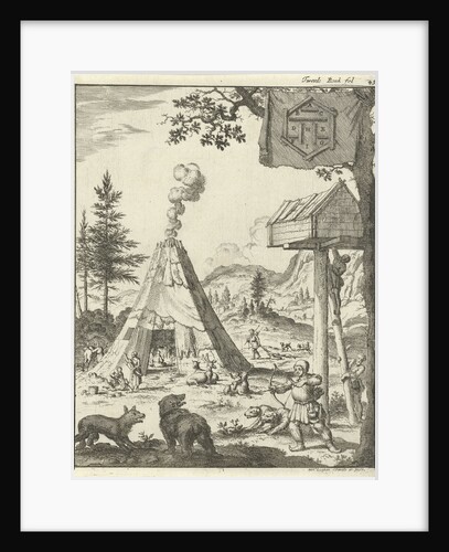 Laplander aims his bow and arrow at a wolf and a bear, Lapland by Jan Claesz ten Hoorn