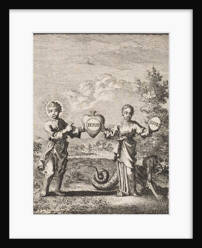 Christ and the personified soul holding a heart together with the imprint Iesus by Jan Luyken
