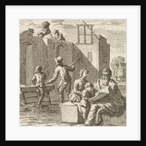 Grandfather shows his grandchild a leaf while in the background a house is built by Pieter Arentsz II