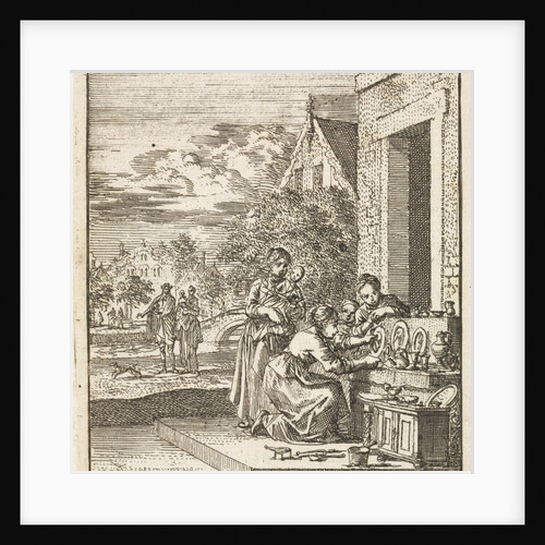 Girls exhibit dolls and tableware on the sidewalk by Cornelis van der Sys