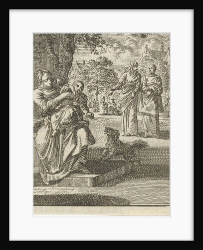 Mother washes her child on the sidewalk in front of the house by Cornelis van der Sys