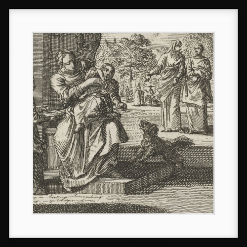 Mother washes her child on the sidewalk in front of the house by Jan Luyken