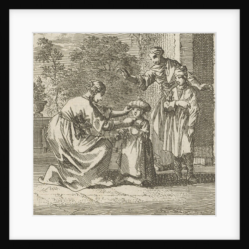 Child is given protective headgear in the garden by Cornelis van der Sys