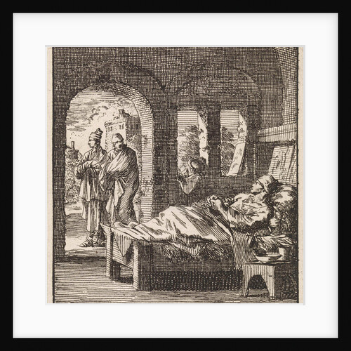 Sick man is lonely in bed while outside two men walking past by Pieter Arentsz & Cornelis van der Sys II