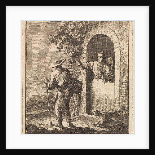Men in a doorway gesturing a weary traveler to continue by Pieter Arentsz & Cornelis van der Sys II