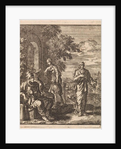 Seated man with cup and can turns from a thirsty hiker by Pieter Arentsz & Cornelis van der Sys II