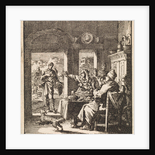 Family makes dismissive gestures to a poor man who asks for help by Cornelis van der Sys II