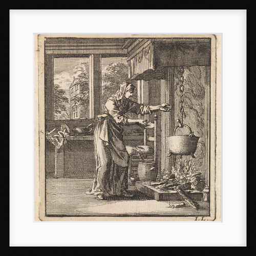 Woman reaches for the chain from a pot that hangs high above the fire by Pieter Arentsz & Cornelis van der Sys II