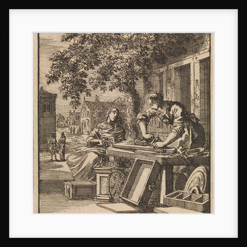 A man sands wood in front of the facade of a house by Pieter Arentsz & Cornelis van der Sys II