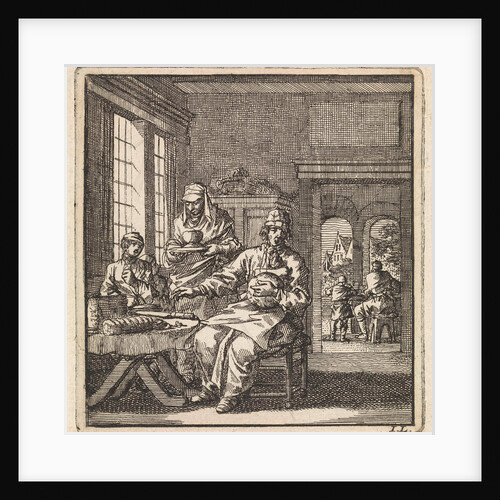 Figures at a table on which a loaf of bread and a knife can be seen by Pieter Arentsz & Cornelis van der Sys II