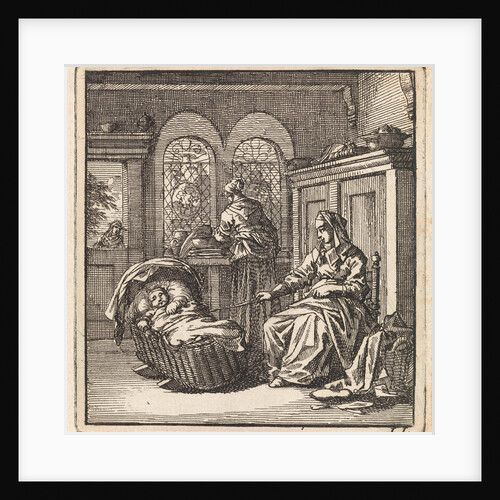 Woman next to a cradle with a baby by Cornelis van der Sys II