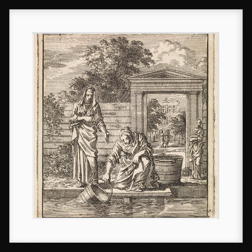 A woman fills a bucket of water on a jetty by Cornelis van der Sys II