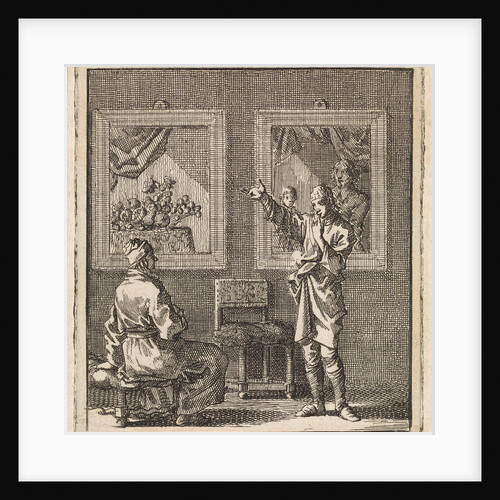 Young man talks about the paintings hanging behind him by Pieter Arentsz & Cornelis van der Sys II