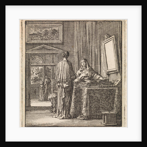 In addition to a mirror where a woman looks at another woman reading the Bible by Pieter Arentsz & Cornelis van der Sys II