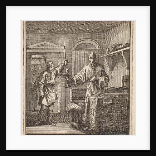 Man places a burning candle in the candlestick by Cornelis van der Sys II