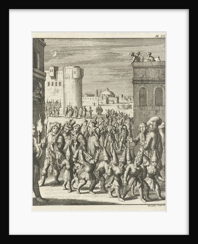 Procession of the shoemaker guild at Aleppo, preceded by a group of guys with paper pointed hats by Jan Luyken