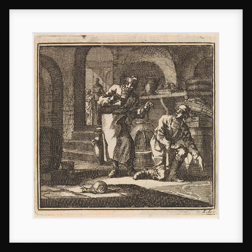 In a basement two men are looking at the trail of a snail by Pieter Arentsz & Cornelis van der Sys II