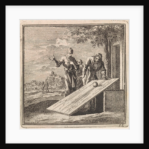 Two men let a ball roll down over a plank of wood by Pieter Arentsz & Cornelis van der Sys II