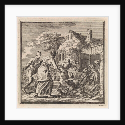 Three figures chasing sheep and poultry in their stable by Arentsz Pieter Cornelis van der Sys II